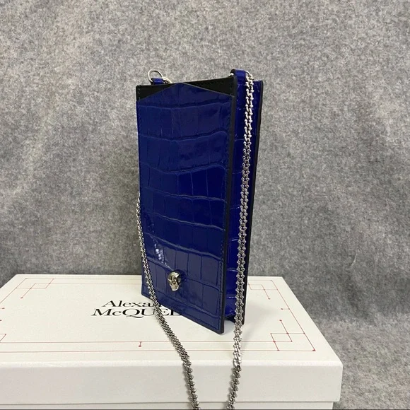 SOLD NWT $690 Alexander McQueen Skull Croc Leather Phone Bag Royal Blue - Picture 5 of 16